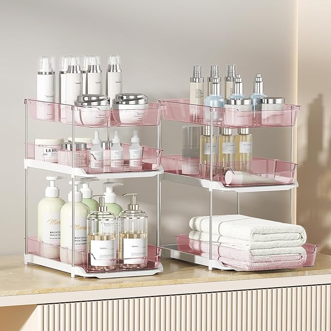 Delamu 2 Pack 3-Tier Bathroom Under Sink Organizers and Storage, Multi-Purpose Stackable Pantry Organization and Storage, Pull Out Clear Kitchen Bathroom Cabinet Organizer with Movable Dividers, Pink