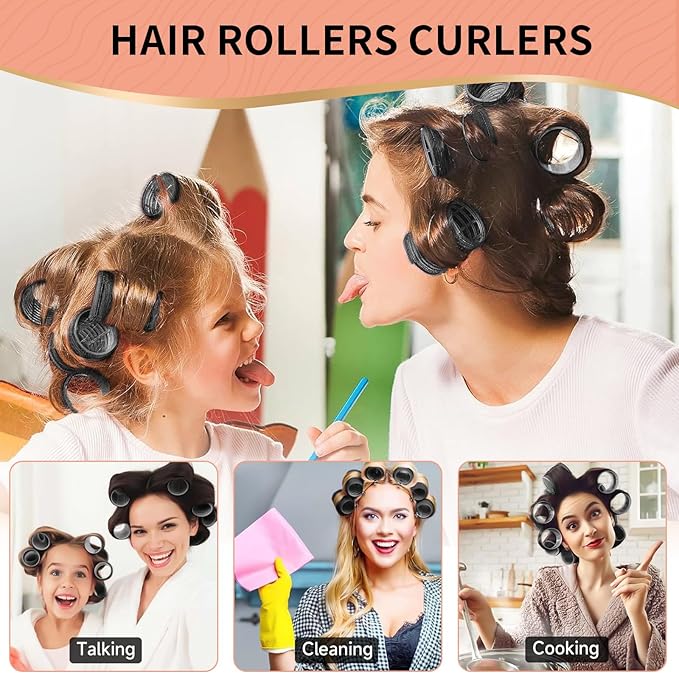 50Piece Hair Rollers set,Self Grip Hair Curlers for Long Medium Short Hair (6 Jumbo + 6 Large + 6 Medium + 6 Small + 1 Storage Bag) and 24Pcs Hair Clips /4-sizes 60 45 36 25mm