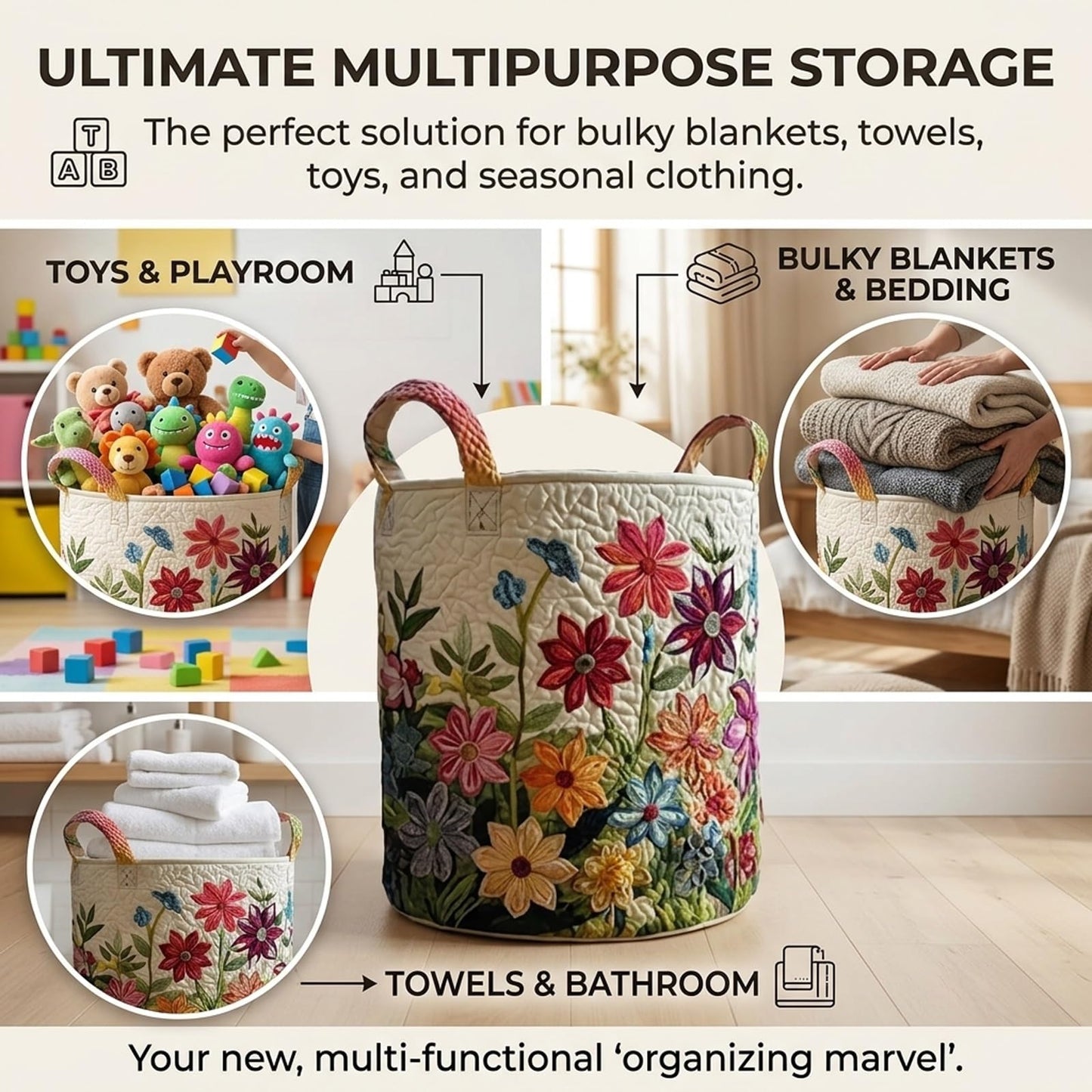 Quilted Laundry Baskets, Large Floral Boho Fabric Storage Hamper with Handles, Collapsible Soft Clothes Organizer Tote for Nursery House Styling, Portable Bedroom Washing Container