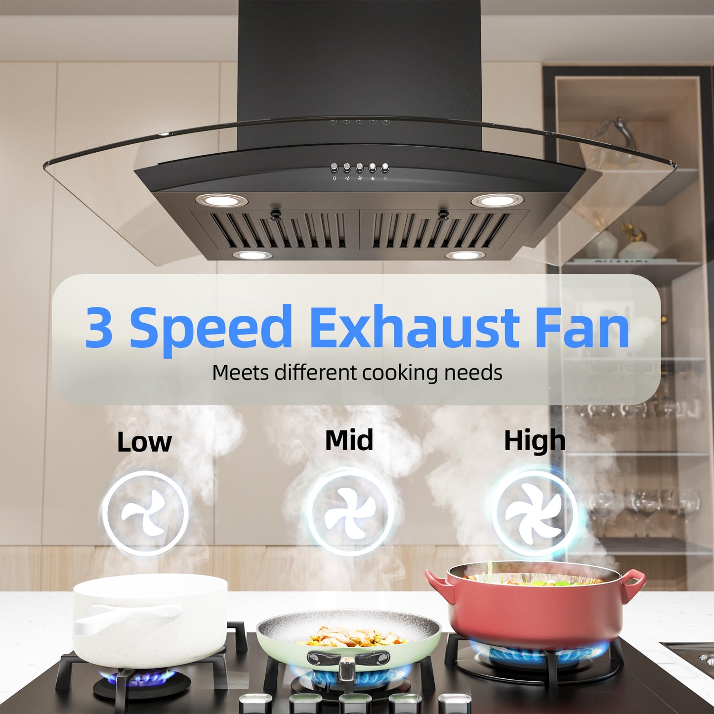 FIREGAS Black Island Mount Range Hood 30 inch with 700 CFM, Ceiling Mount Kitchen Vent Hood Ducted/Ductless Convertible, 4 LED Lights, 3 Speed Exhaust Fan, 2 charcoal fiters, Black