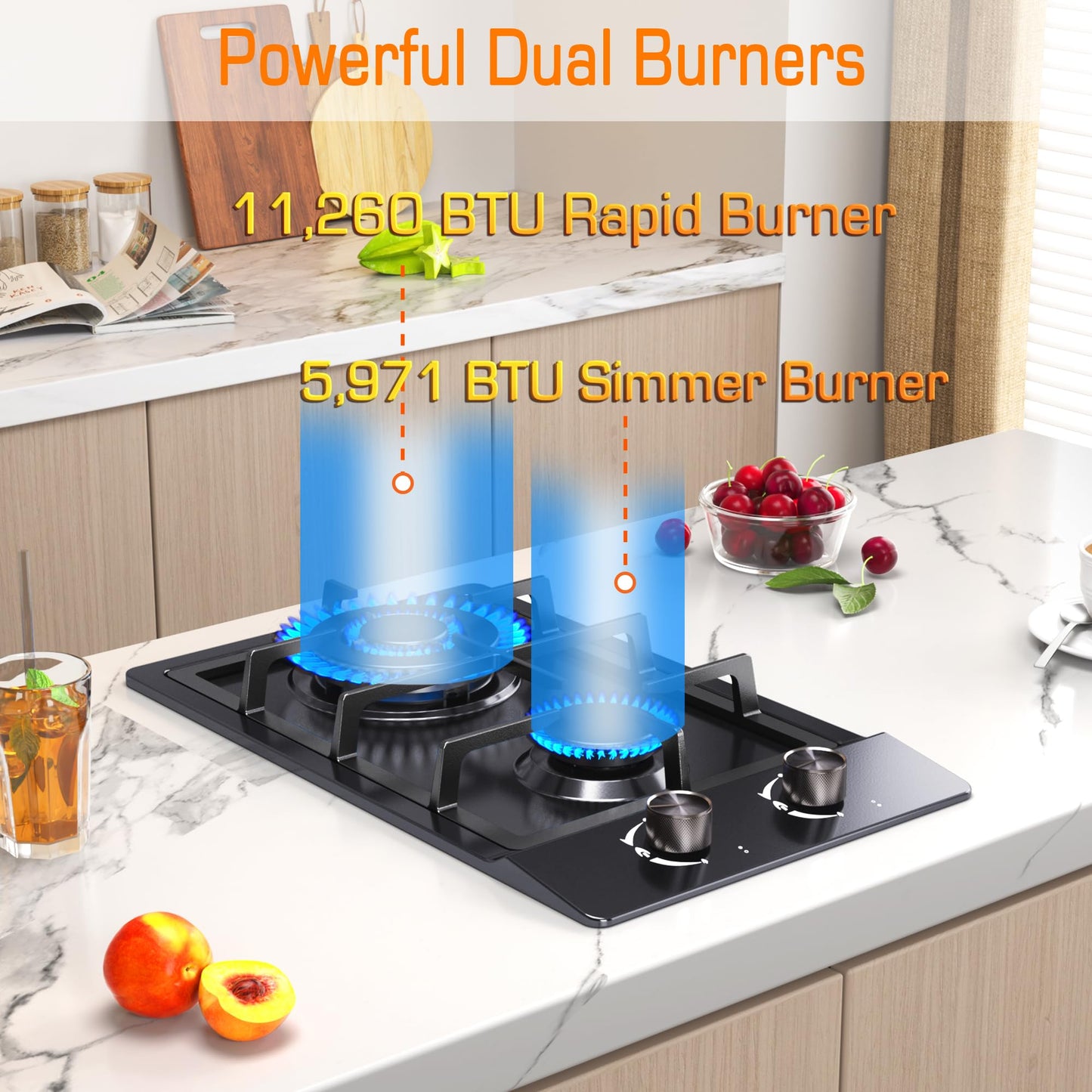 2 Burner Gas Cooktop, 12 Inch Built-in Propane Stove Top, NG/LPG Dual Fuel with Thermocouple Protection, Black Enamel Cooktop for Apartment & RV