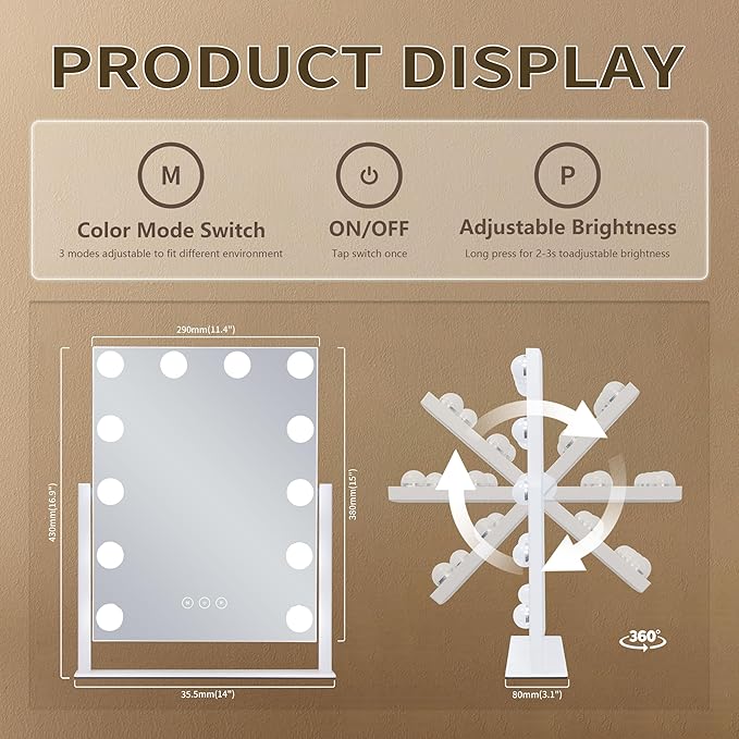Vanity Makeup Mirror with Lights,3 Color Lighting Modes Detachable 10X Magnification Mirror Touch Control,360°Rotation, White (14.6Inch)
