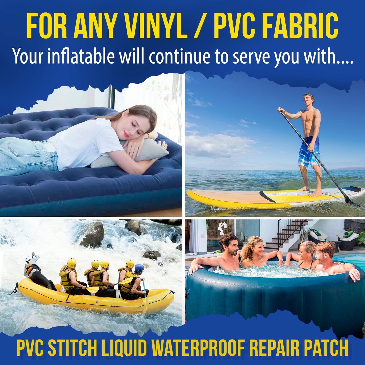 PVC Stitch Liquid Patch – Air Mattress Patch Kit Heavy Duty, Inflatable Patch Glue for PVC & PU, Inflatable Boats, Rafts, Kayaks, SUP, Hot Tubs, Waterbeds, Bounce Houses. Waterproof, 3-hr Cure, 20 ml