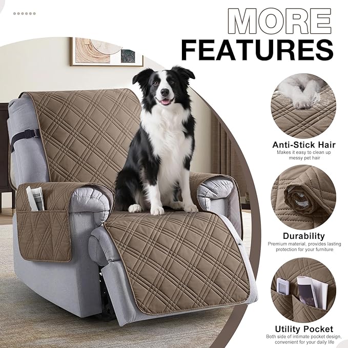 TAOCOCO Waterproof Recliner Chair Covers 30 Inch Wide, Oversized Recliner Covers for Recliner Chair with Pocket, Recliner Slipcovers with Straps Furniture Protector for Kids Pets (30'', Taupe)