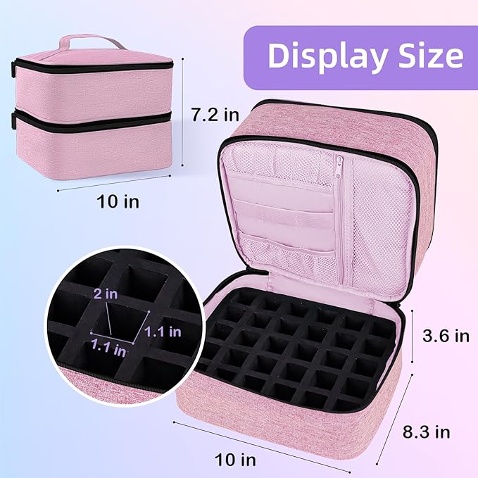 Nail Polish Organizer Holds 30 Bottles (15ml - 0.5 fl.oz) Double-layer Gel Nail Polish Kit Case, Nail Holder for Nail Lamp, Portable Nail Organizer and Storage for Nail Supplies (Pink)