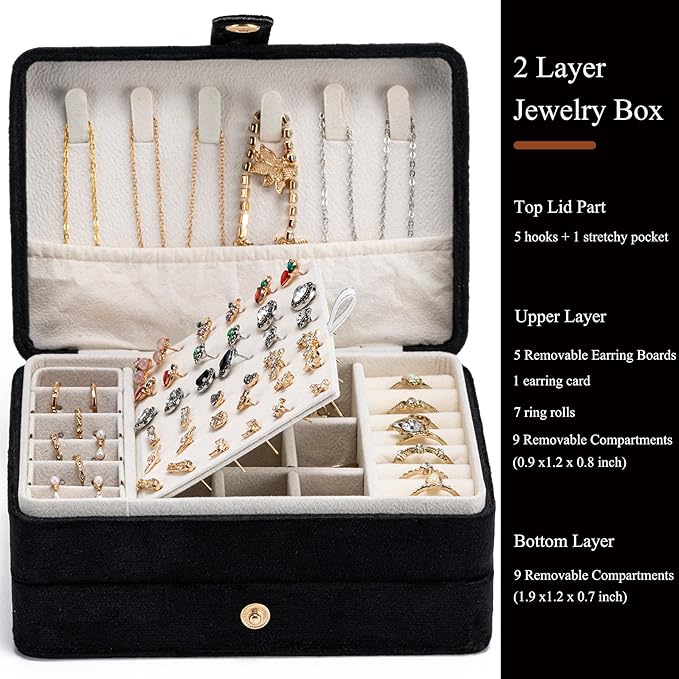 MODENGKONGJIAN Jewelry Organizer Box, 2-Layer Large Jewelry Storage Case, Portable Travel Jewelrys Display Holder for Earrings, Necklaces, Bracelets (Black,Velvet)