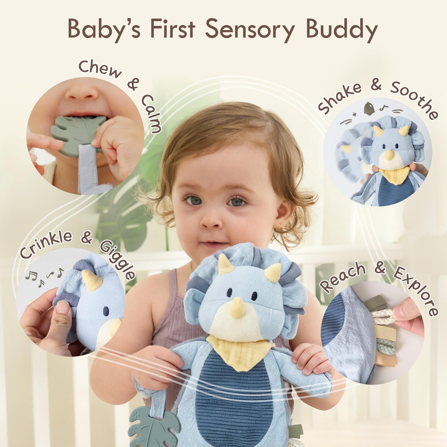 Moonkie Baby Lovey with Silicone Teether, Dinosaur Security Blanket with Textured Ribbons, Crinkle Toys, Soft Minky Velour & Natural Cotton, Newborn Boys Gifts for Baby Shower & Birthday