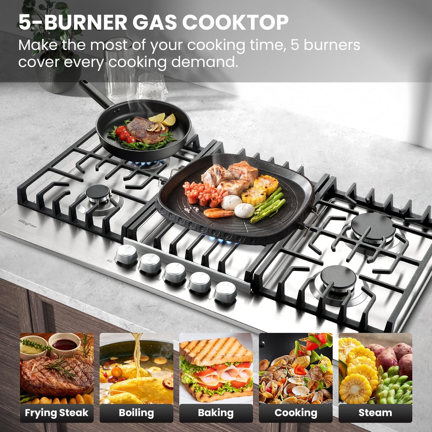 Hibghse 36 Inch Gas Cooktop with 5 Sealed Burners, Stainless Steel Propane Stove Top, NG/LPG Convertible, Built-in Stovetop with Thermocouple Protection for Rvs Kitchen Outdoor