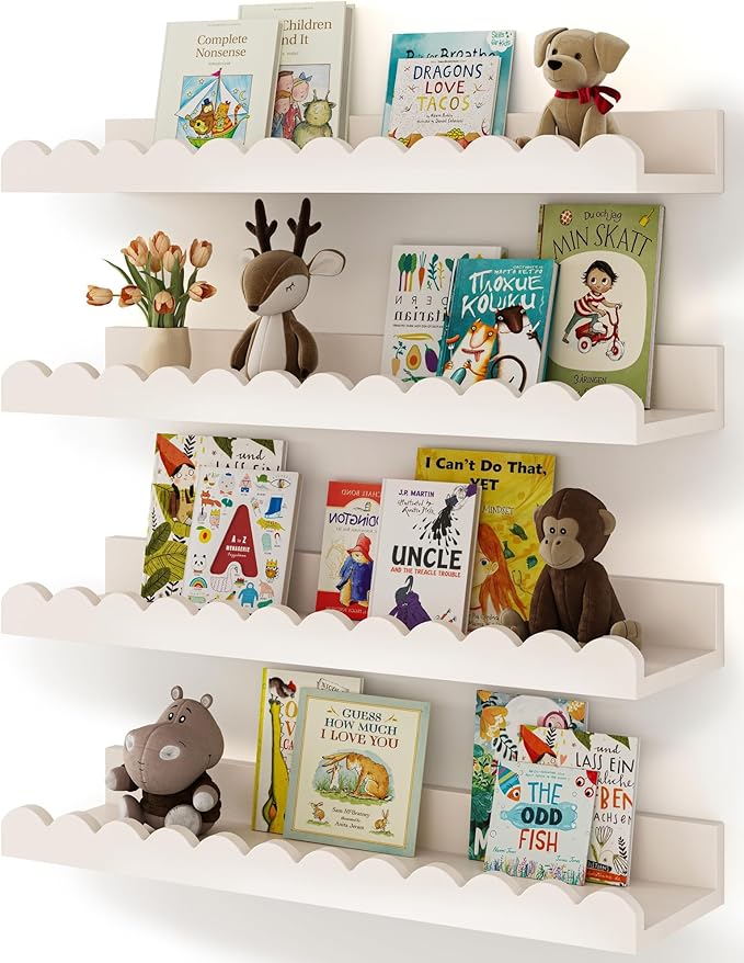 Shario Nursery Book Shelves, 4-Pack White Floating Shelves for Wall Kids, Scalloped Shelves, Wall Book Shelves for Bedroom Kids, Toddler Room, Baby Room, Nursery Decor