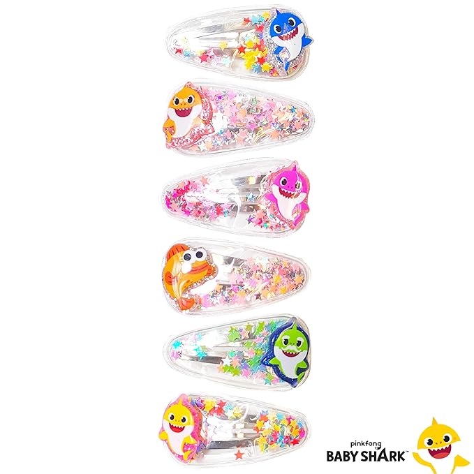 Baby Shark Hair Accessories For Girls, 6pc Cute Hair Clips with Favorite Babyshark Character Charms, Magical Confetti Slaps for Kids, Toddler, Ages 3+