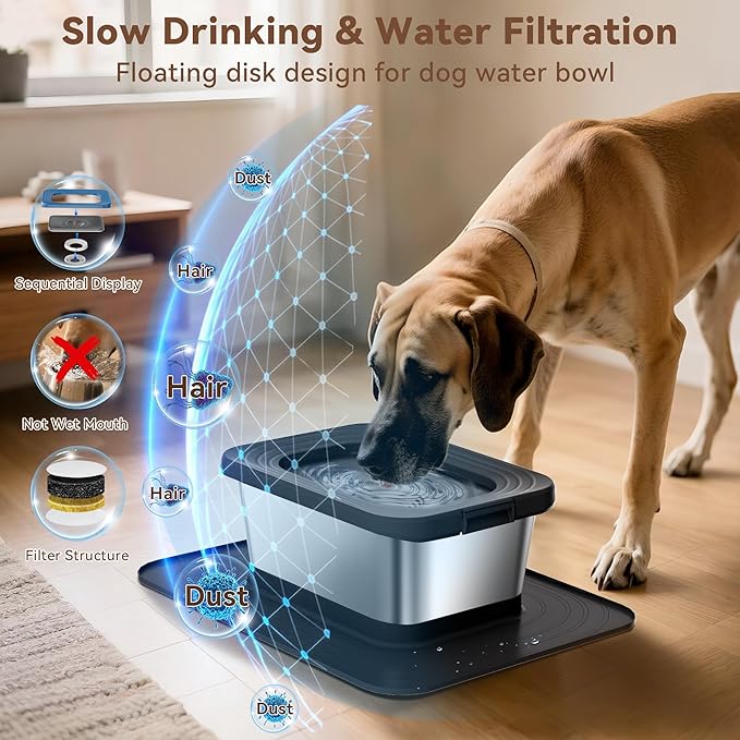 10L No Spill Dog Water Bowl, 2.6 Gal Stainless Steel No Splash Large Dog Water Bowl with Non-Slip Silicone Mat, Spill Proof Slow Drinking Pet Bowls for Messy Drinkers Indoor/Outdoor Use Black