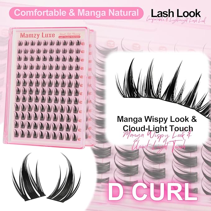 Manga Lash Clusters Kit Wispy 10-16MM Eyelash Clusters Kit CC-Curly Anime Individual Lashes Clusters Kit DIY Natural Cluster Eyelash Extensions Kit with Lash Bond and Seal and Eyelashes Tweezers