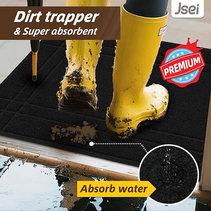 JSEI Entryway Rugs Doormat 20"x32", Non-Slip Dirt Trapper Door Mats Indoor, Washable Absorbent and Stain Resist Welcome Floor Mat for Front Door, Dog Door Mat, Dirty Wet Shoes & Paws, Black