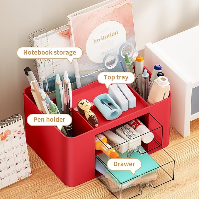 Marbrasse Pen Organizer with 2 Drawer, Multi-Functional Pencil Holder for Desk, Desk Organizers and Accessories with 5 Compartments + Drawer for Office Art Supplies (Red)
