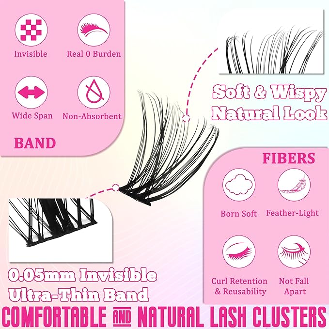 Lash Clusters Fluffy DIY Lash Clusters Kit Volume Lash Extension Kit 570Pcs Individual Lashes Clusters Thin Band Eyelash Extension Kit Lash Bond and Seal Lash Tweezers