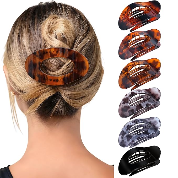 Mesovor 6 Pack Flat Hair Claw Clips, 4.33" Nonslip Large Round Lay Flat Hair Clips | Strong Hold French Flat Hairclips for Lying Down, Yoga, Driving (Tortoise Polished)