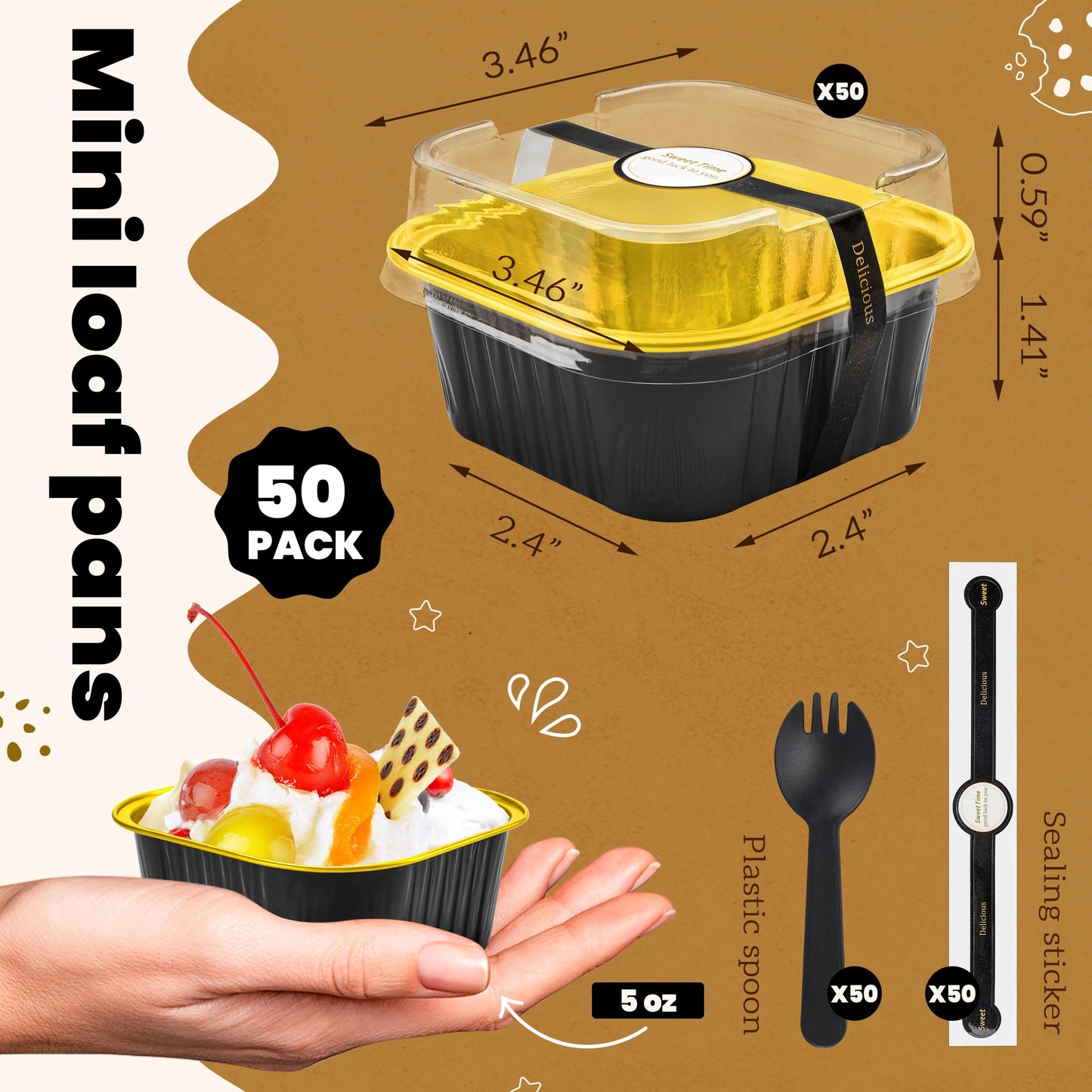 NPLUX 50 Pcs Mini Square Baking Cups with Lids and Spoons Aluminum Foil Mini Cake Pans with Lids Disposable Ramekins Cake Pans Dessert Cups for Wedding Birthday Party(Black Gold,5oz)