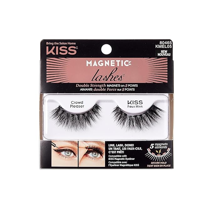KISS Magnetic Lashes, Crowd Pleaser, 1 Pair of Synthetic False Eyelashes With 5 Double Strength Magnets, Wind Resistant, Dermatologist Tested Fake Lashes Last Up To 16 Hours, Reusable Up To 15 Times
