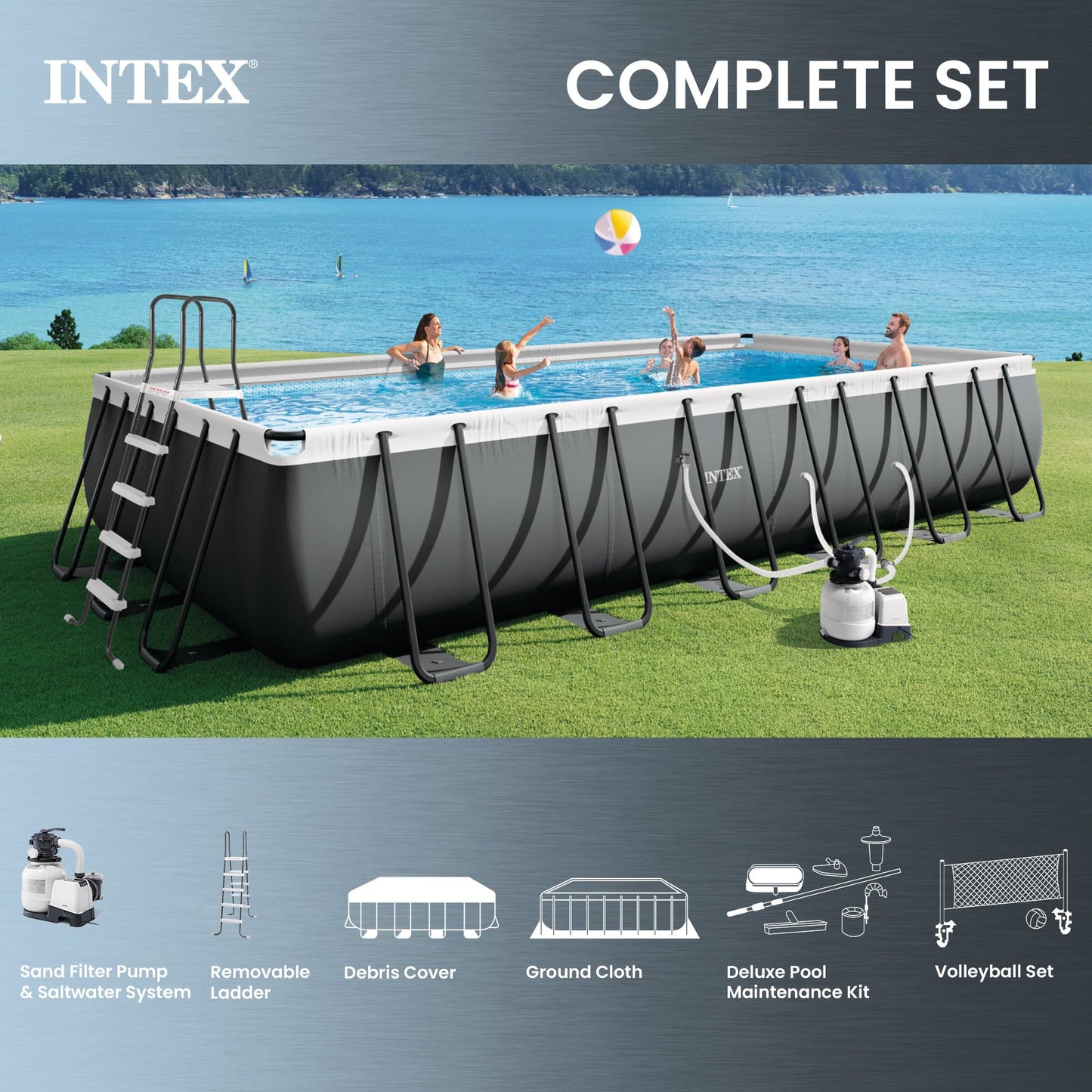 INTEX Ultra XTR 24 ft x 12 ft 52 in Above Ground Pool Set, Rectangular Swimming Pool with Sand Pump, Saltwater System, Maintenance Kit, & Volleyball Game