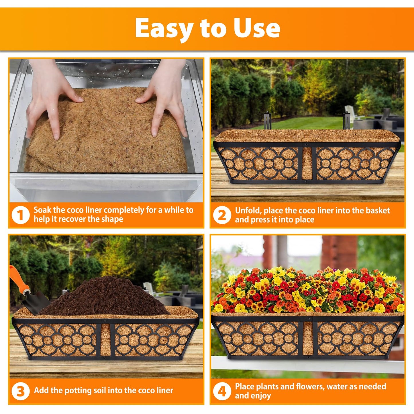 Legigo 2 Pack 48 Inch Square Coco Liners Planter Baskets Liner- Natural Coconut Coir Basket Liner Replacement, Window Box Liners Trough Coconut Liners for Wall Planter Garden Deck Fence Flower Baskets