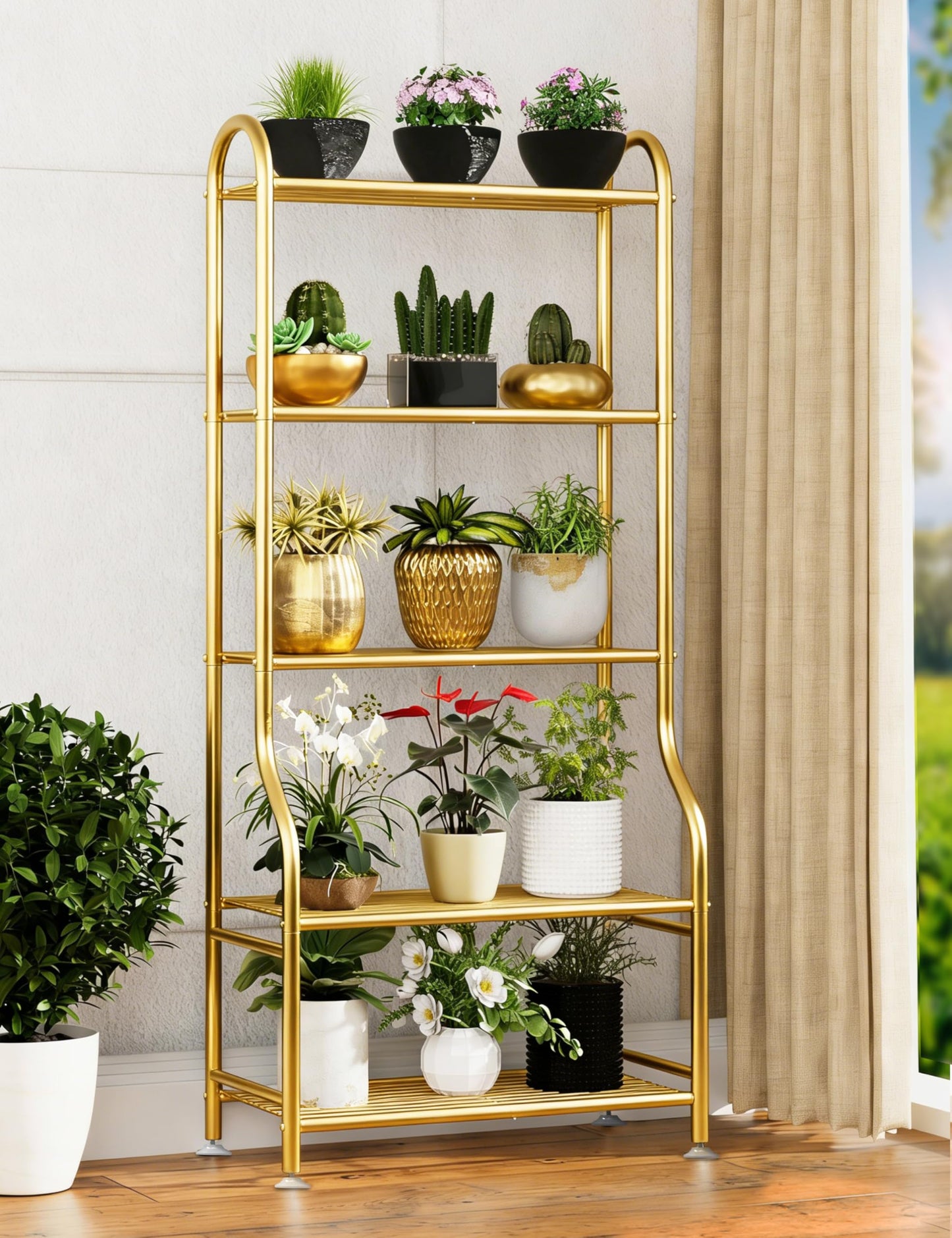 Yutrchey 5-Tier Metal Plant Stand - Heavy Duty Indoor Outdoor Flower Shelf for Multiple Pots, 65" Tall Vertical Holder with Adjustable Leveling Feet & Wall-Fixing Kits, Gold