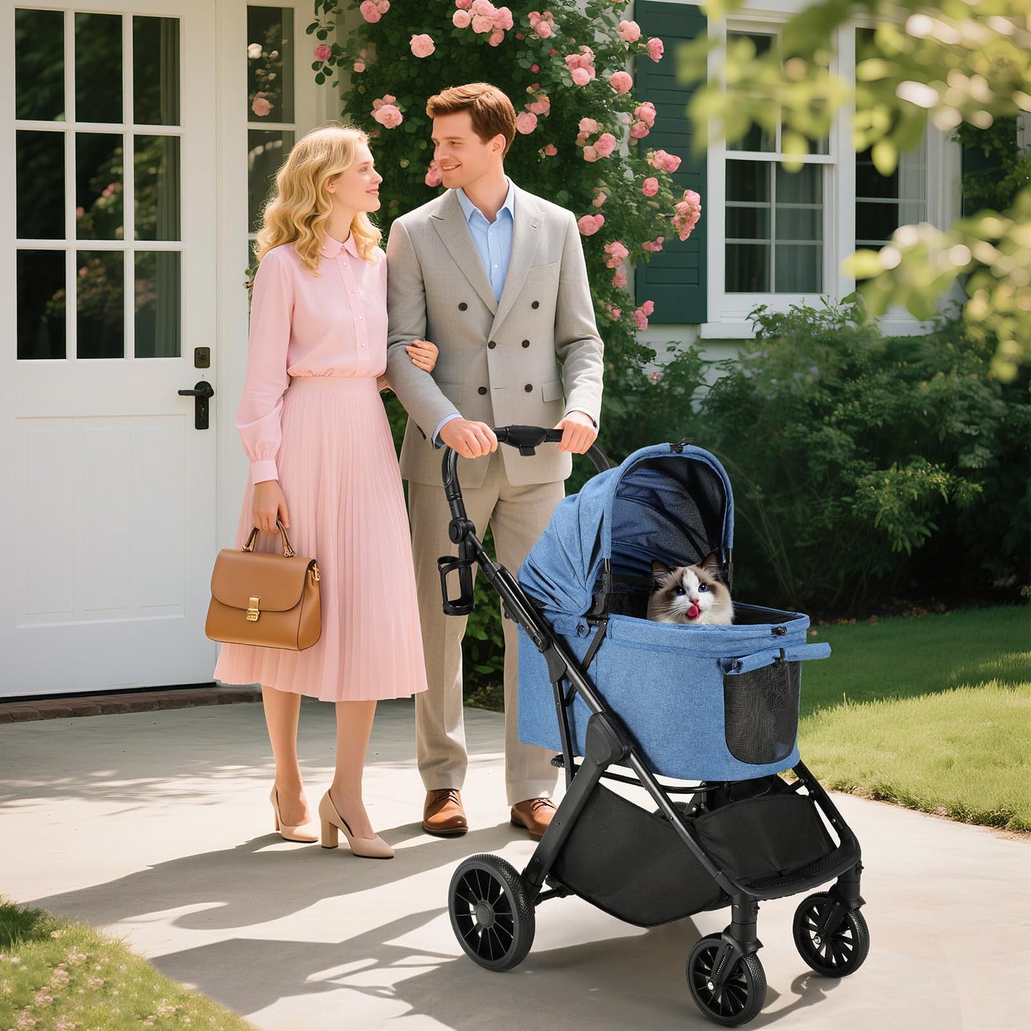 MAMIZO Foldable Dog Stroller for Medium Dogs Cats Up to 33 Lbs, Adjustable Height Handle, Pet Stroller with Aluminum and Carbon Steel Frame, Sun Shades, Storage Basket & Shock Absorbers, All-Terrain