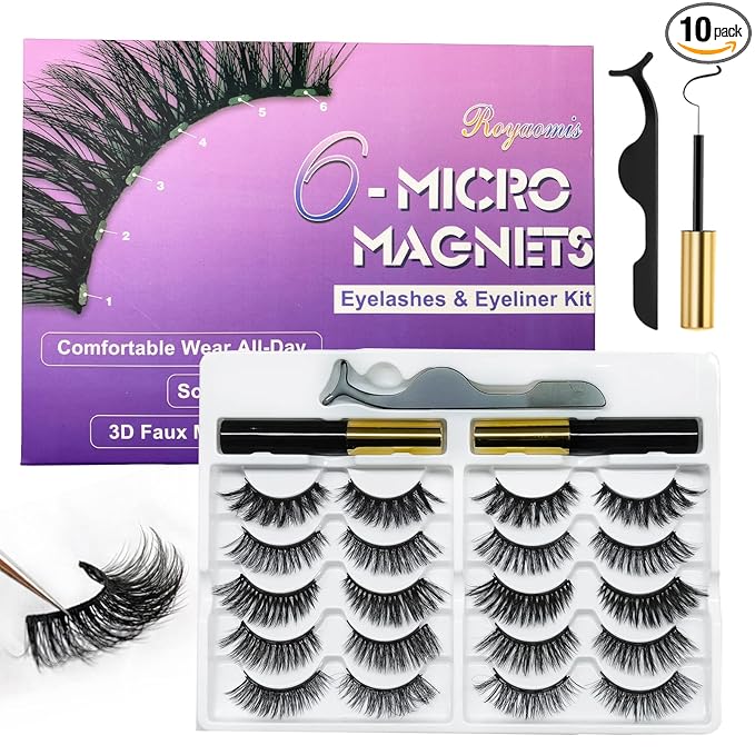 Royaomis 10 Pairs Cat-Eye Magnetic Lashes With Eyeliner, 3D Magnetic Eyelashes Natural Look With Eyeliner, Fake Eyelashes Magnetic