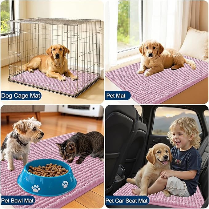 OLANLY Dog Door Mat for Muddy Paws 24x16, Ultra Absorbent Chenille Mud Doormat, Non-Slip Washable and Dirt Trapping Doormat for Indoor Entryway, Quick-Dry Indoor Pet Bed Mats for Dogs, Dusty Rose