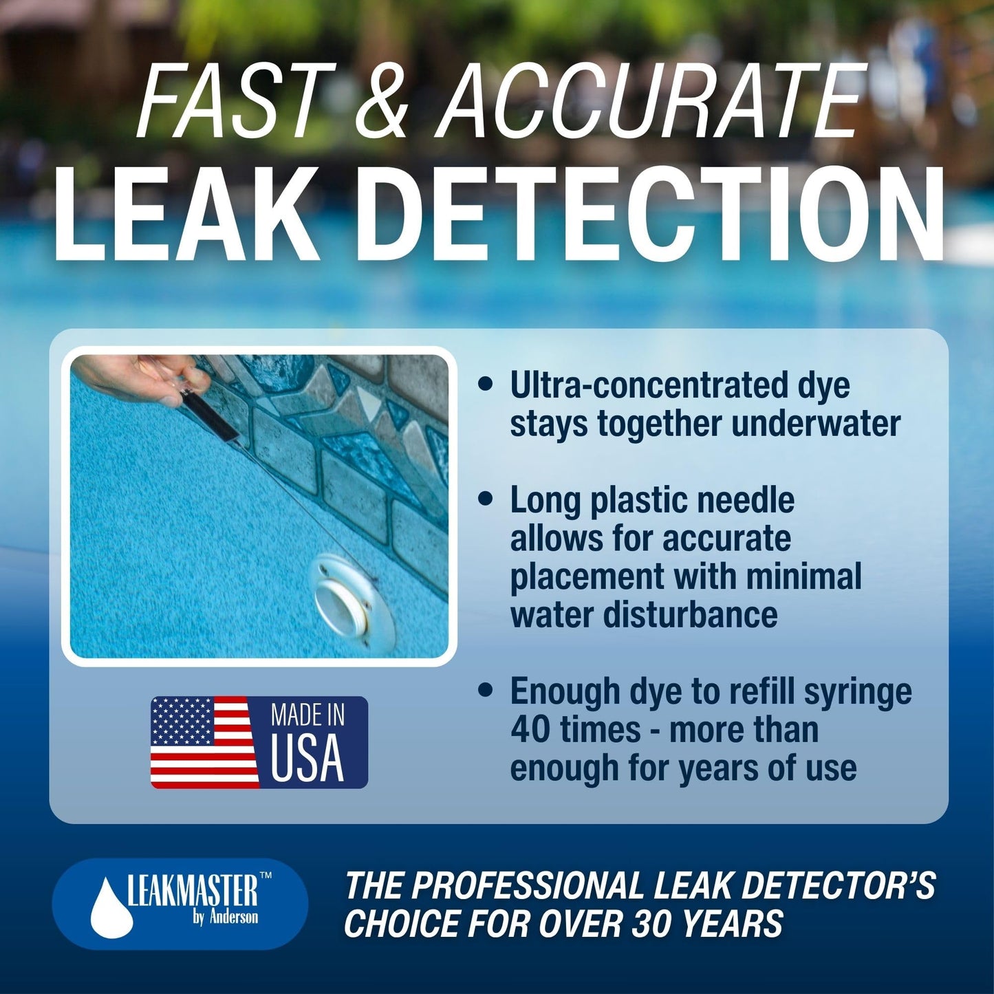 Leakmaster Pool Leak Detection Kit – 8 oz Blue Dye with Reusable Syringe – High-Visibility Leak Finder for Pools, Hot Tubs & Spas – 40+ Refills– Professional Water Tracing Tool