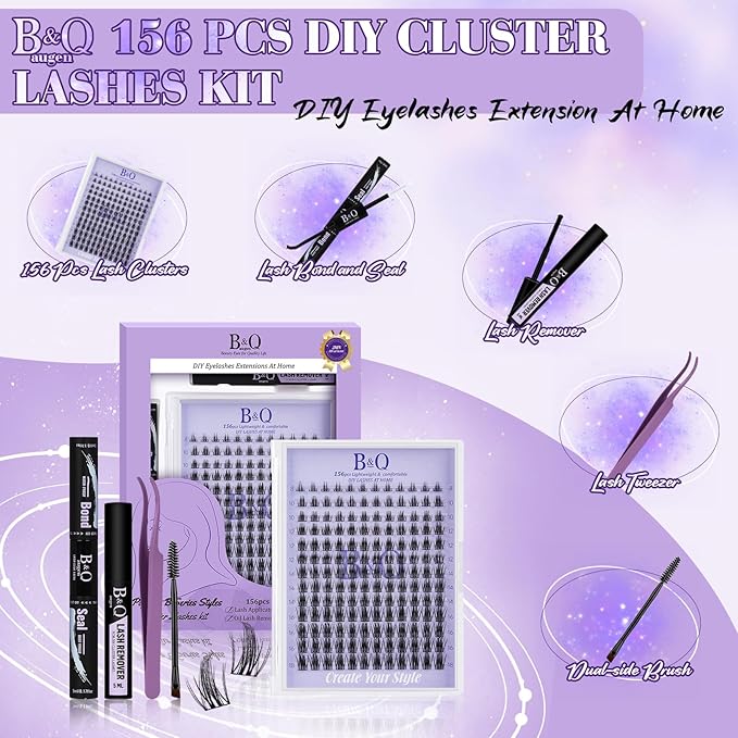 B&Q Wispy Lash Clusters Kit B20, DIY Lash Extension Kit 156PCS Eyelash Extension Kit, Soft Natural Lash Clusters 8-18MIX D Curl Lash cluster, Thin Black Band Cluster Eyelash Extensions (B20 Set)