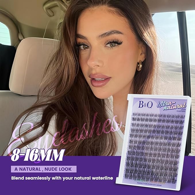 B&Q Wispy Lash Clusters Kit, Natural 02, Individual False Eyelashes Extension Set, Undetectable Natural Look for Effortless Day-to-Night Beauty, from Office Elegance to Date Night Glamour(8-16mix)