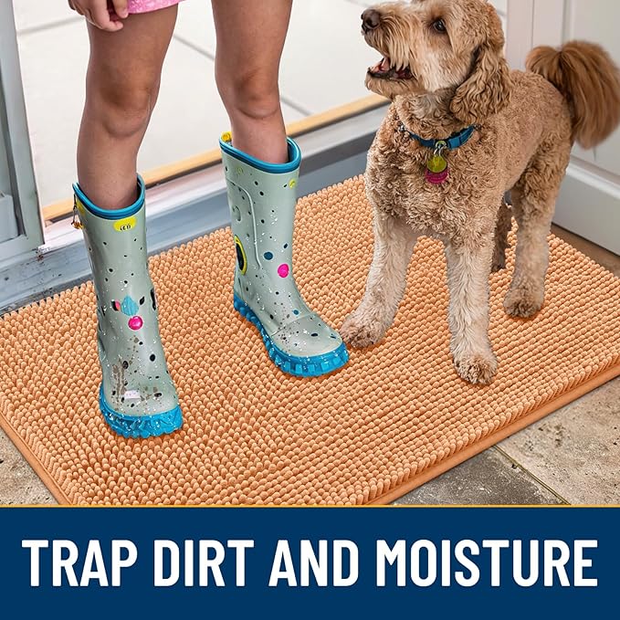 Smiry Dog Door Mat for Muddy Paws 47x24, Absorbs Moisture and Dirt Doormat, Non-Slip Washable Quick Dry Chenille Front Door Mat Indoor Entrance, Entryway Carpet for Inside Floor, Orange