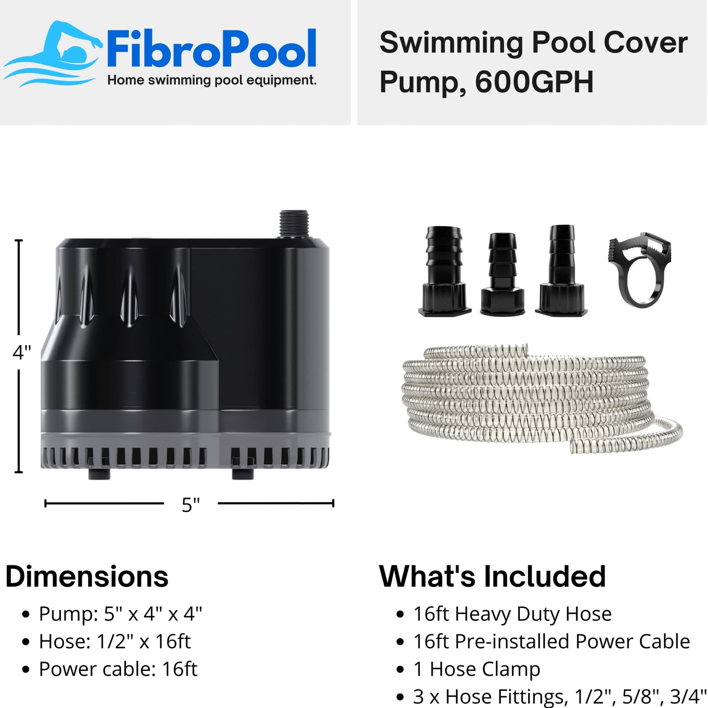 FibroPool Pool Cover Pump - Submersible Electric Utility Water Pumps - 16 Foot Heavy Drain Hose - for All Swimming Pools, Spas and Hot Tubs