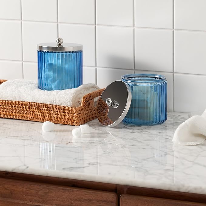 KMwares 2-Pack Glass Bathroom Jars - Blue Stripes Glass with Lids Cotton Ball, Q-Tip, Swab, and Floss Holder - Modern Organizer for Bathroom, Vanity Decorative Countertop Storage (Cobalt Blue)
