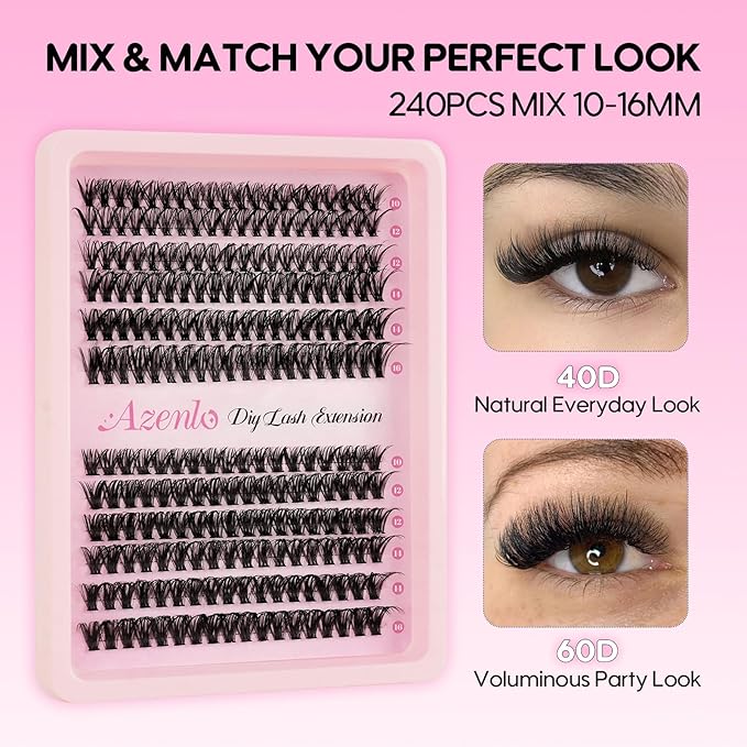 Azenlo Lash Extensions 40D+60D Cluster 240pcs DIY Wispy Lash Clusters 10-16mm Eyelash Clusters for Beginners At Home Individual Thin Band Lash Kit (40D+60D Kit)