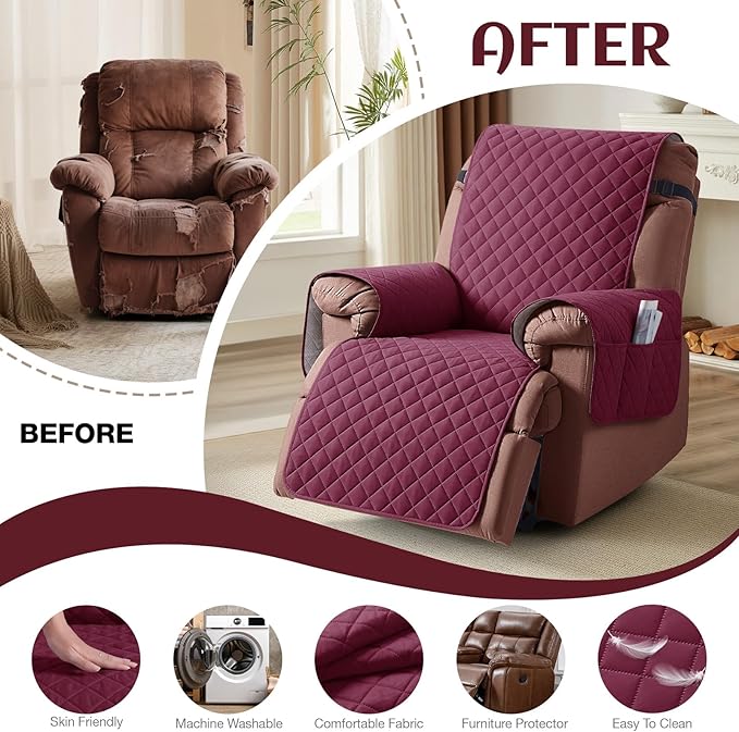 KinCam 100% Waterproof Recliner Chair Cover, Reclining Couch Covers for Pets, Dogs, Recliner Couch Slipcover Furniture Protector with Elastic Straps for Kids(25", Burgundy)