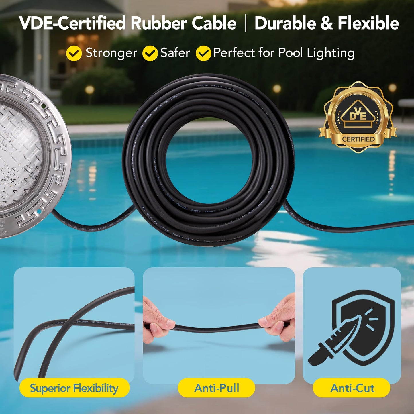 HQUA PN01DC LED Inground Pool Lighting System RGBW Color Change 10 Inch 50W, Remote/App Control, 120V AC, 100 Feet Cord