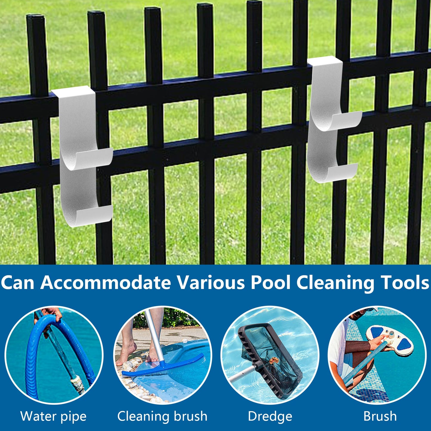 codree 2 PCS Pool Fence Hooks for Pool Equipment, White Heavy Duty Fence Hooks for Pool Poles, Slipe-on Fence Hanger for Pool Hose Pool Skimmer, Fit 3/4 Inch to 1-1/4 inch Railing