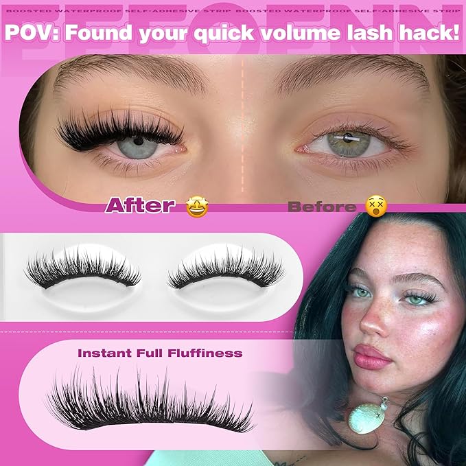 Pre Glued Eyelashes Clusters Wispy Self Adhesive Lash Clusters Press on Lashes Fluffy Self Adhesive Eyelashes Volume Glueless Lashes Clusters Thick Cluster Eyelash Extensions 10-16mm