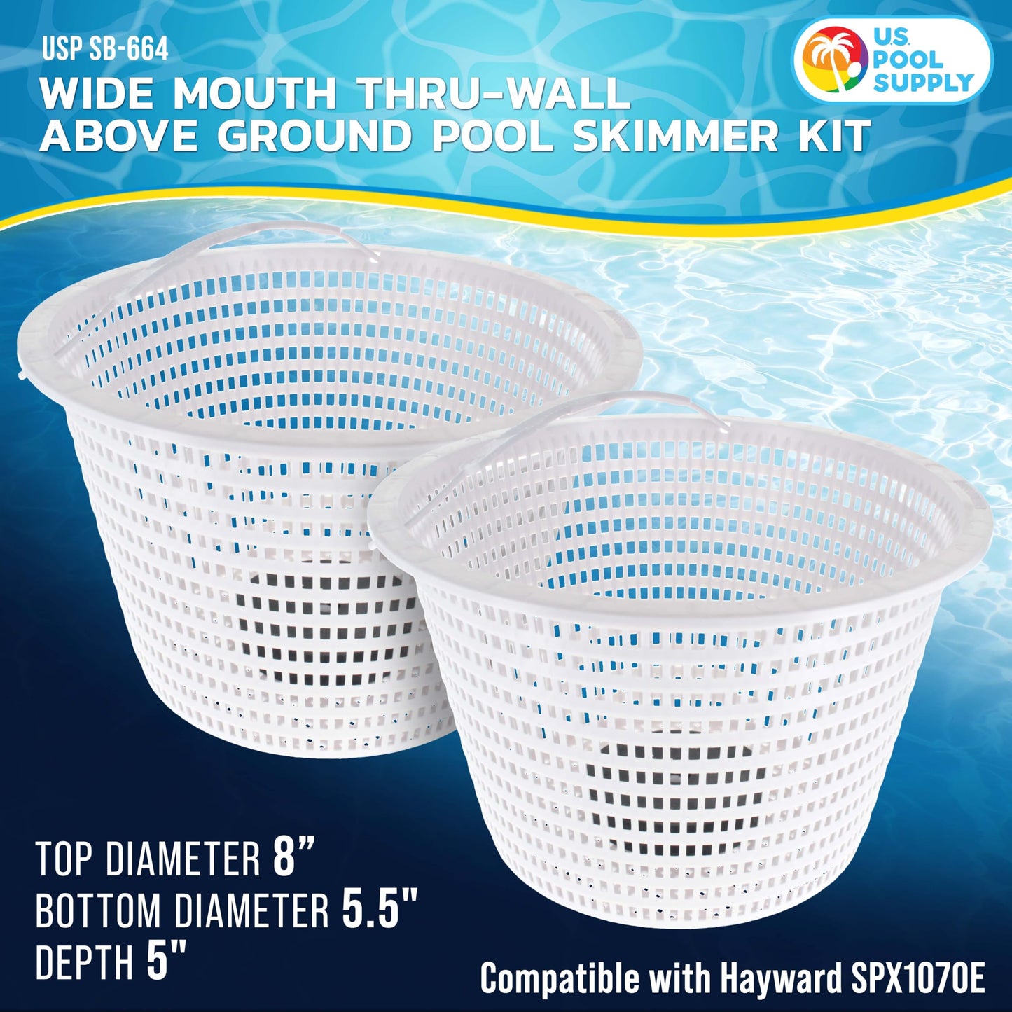 U.S. Pool Supply Weighted Inground Pool Skimmer Basket (Set of 2) - Skimmer Filter Basket, Skims Leaves – Compatible with Hayward SPX1070E, Prevent Pump Clogs - 8" Top, 5.5" Bottom, 5" Deep