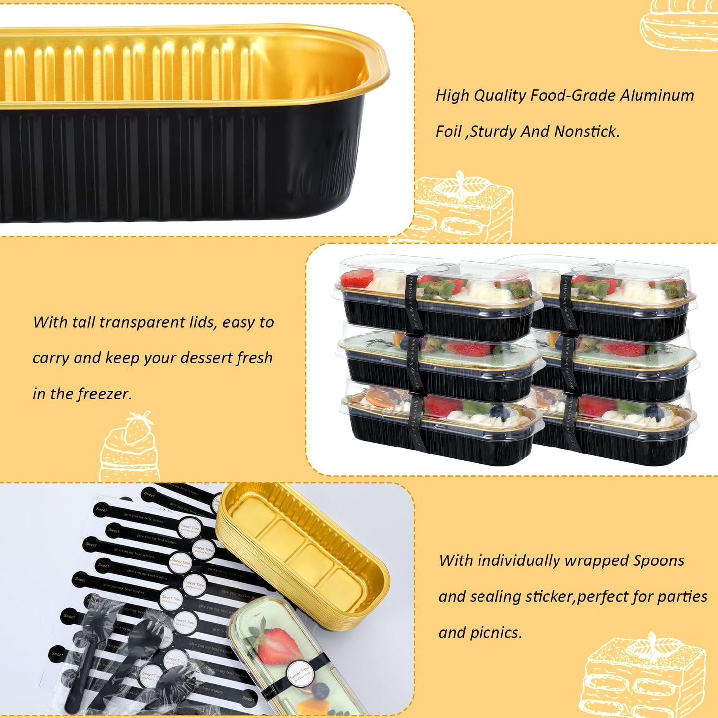 EgticHome Mini Loaf Pans with Lids and Spoons (100 Pack, Black-gold, 6.8oz) Rectangular Aluminum Foil Baking Pans