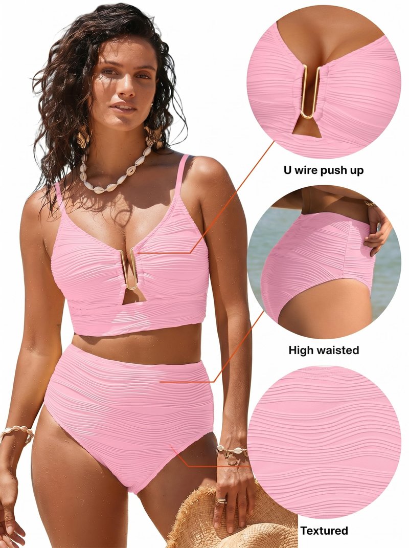 Herseas 2 Piece Bikini High Waisted V Neck Spaghetti Straps Swim Suits Textured Swimwear Push Up Full Coverage Bathing Suit for Women Cruise Essentials 2026 Summer Pink Small