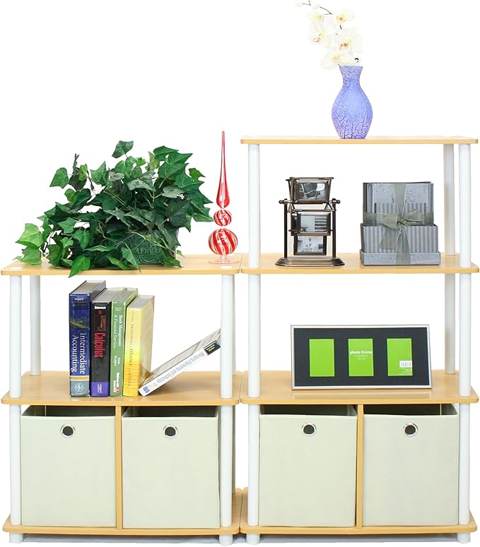 Furinno 99152BE/WH/IV 3-Tier Go Green Multipurpose Storage Rack Shelving Unit Bookshelf Cabinet with 2 Bins, Beech Finish