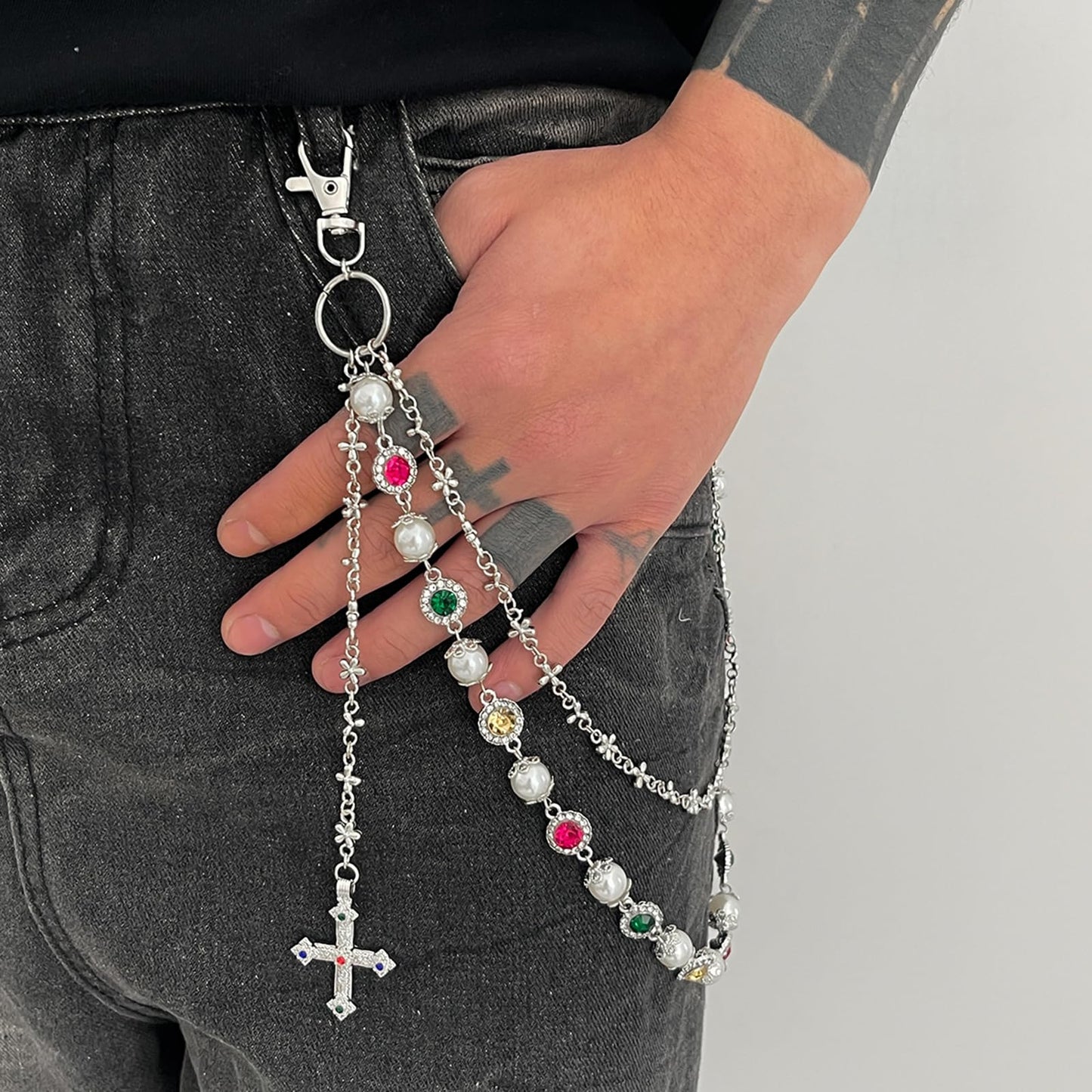 Fashion Layered Pants Wallet Chains - Exquisite Gold Silver Rhinestone Flower Pearl Jean Pocket Chain for Women Men Cute Bag Purse Charms Jewelry (silver link round)