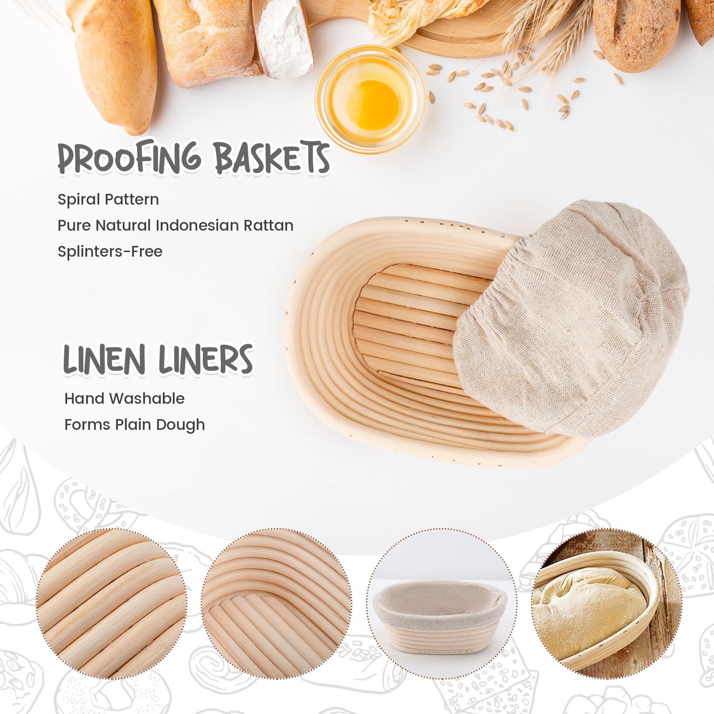 DOYOLLA Mini Oval Proofing Set (6.5inch, set of 5), Sourdough Proofing Baskets Bread Dough Rising Bowls w/Liners for Home Sourdough Bakers Baking