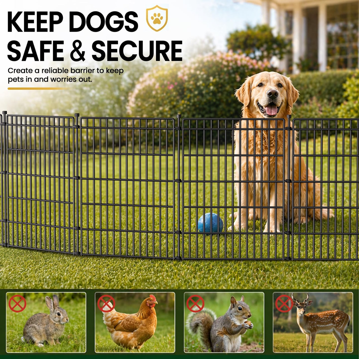 10 Panels No Dig Garden Fence with Gate, 44in(H) × 23.6ft(L) Decorative Metal Outdoor Dog Fence, Rustproof Pet Fencing for Yard, Patio, Flower Bed -Temporary Fencing| Easy to Install