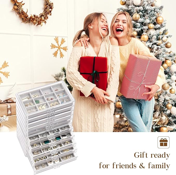 ProCase Earring Holder Organizer Jewelry Box with 10 Drawers, Acrylic Clear Earring Case with Adjustable Velvet Trays for Women - Grey, 10 Layers