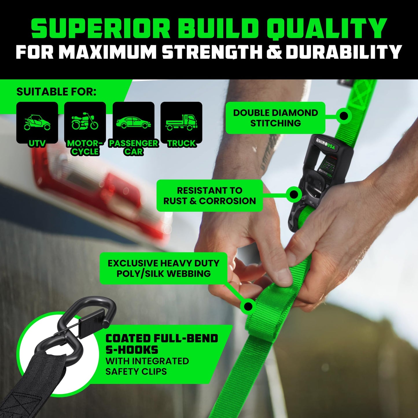 Rhino USA Ratchet Straps Heavy Duty Kit (4-Pack) - 1.6 Inch x 8 Feet Min Break Strength (5,000) - Ultimate Tie Down Straps with Safety S Hooks for Trucks, ATV, UTV, Motorcycle, Cargo & More - Green