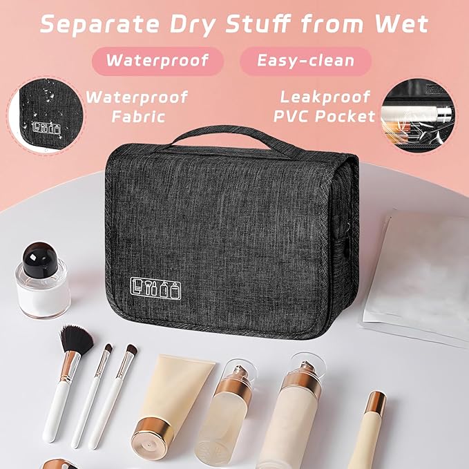 Toiletry Bag Travel Bag with Hanging Hook, Waterproof Capacity Hanging Multifunctional Makeup Bag for Toiletries, Portable Cosmetic Bag Travel Organizer for Women and Men(Black)