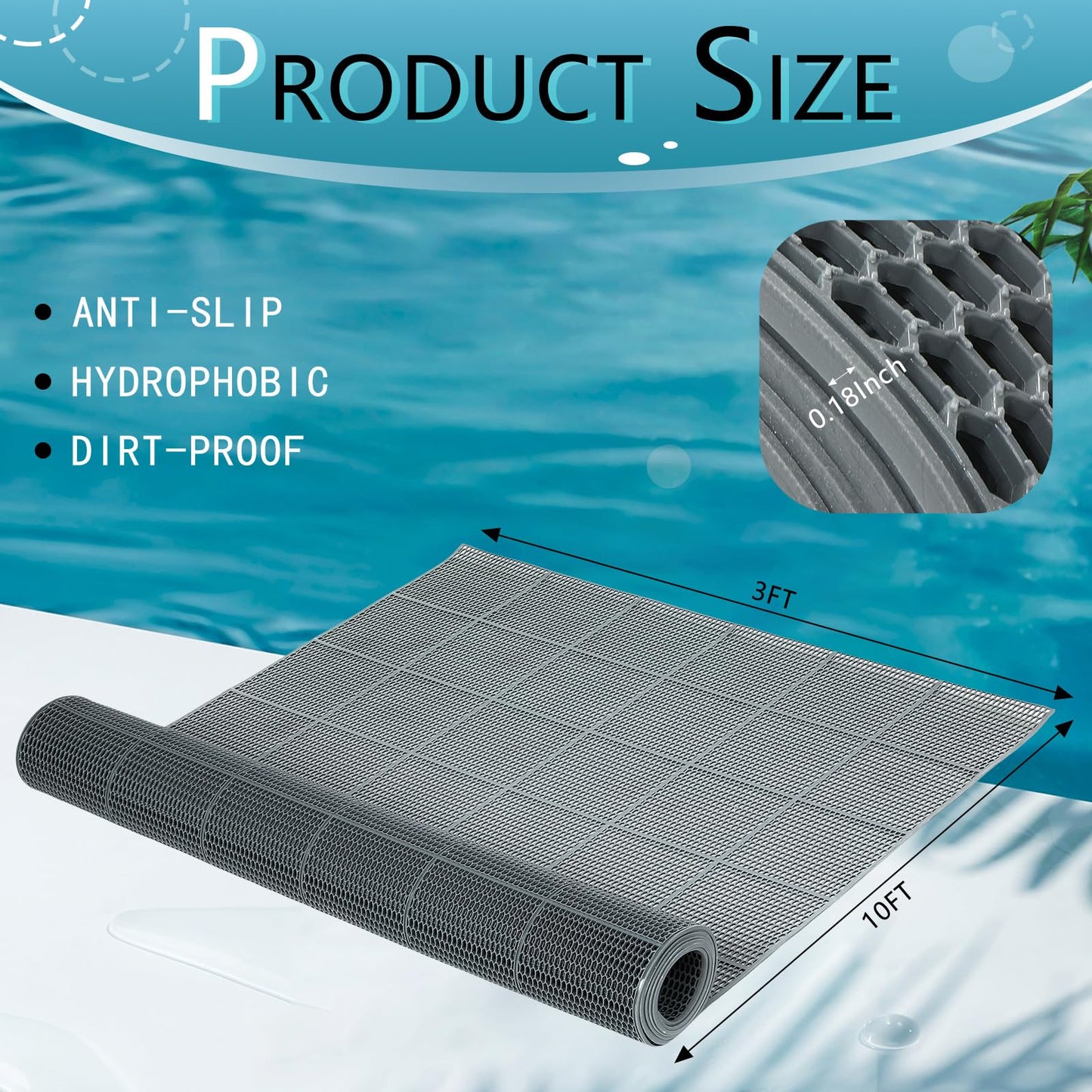 Tondiamo Pool Mat Non Slip Drainage Mats Swimming Pool Floor Deck Mats Rugs PVC Splash Mesh Hollow Doormat Roll for Outdoor Indoor Patio Restaurant Garage Kitchen Bathroom Safety(3 x 10 ft,Grey)